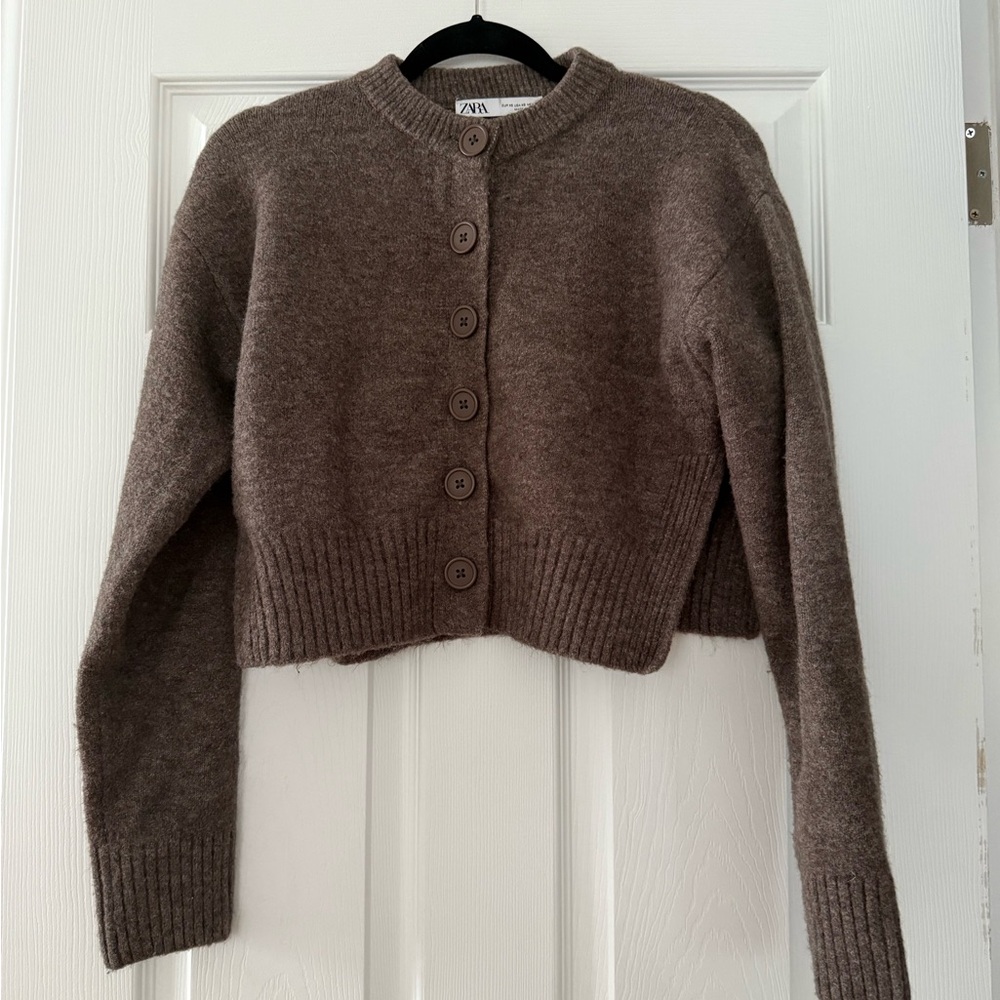 Zara Brown Cropped Cardigan Sweater